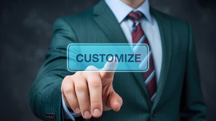 Businessman touches customize button, personalizing digital interface for tailored solutions