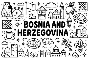 Bosnia and Herzegovina doodle illustration: Mostar bridge, Sarajevo mosque, national flag, food, coffee, and cultural ornaments.