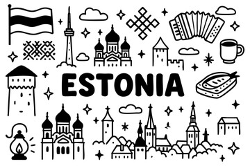 Estonia doodle compilation: Tallinn Old Town, Alexander Nevsky Cathedral, medieval towers, windmill, bread, fish, national flag, folk motifs, Vana Tallinn, and city skyline.