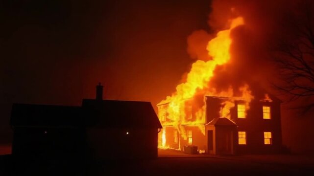 House is engulfed in flames at night during the disastrous, Huge fire blazing in residential building.
