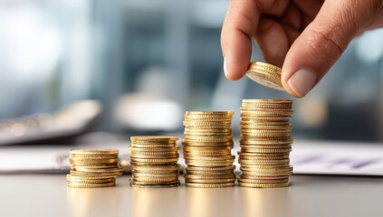 Hand placing a coin on a stack of coins