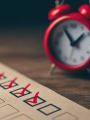 Checklist with marked boxes lies next to red alarm clock, symbolizing time management, deadlines and productivity