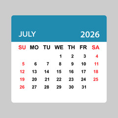 July 2026 Calendar – Sunday Start