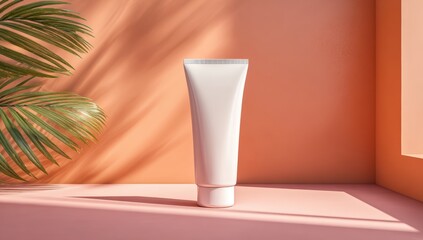 Cosmetic tube on peach backdrop