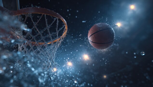 Basketball splashing through the hoop in a dramatic scene