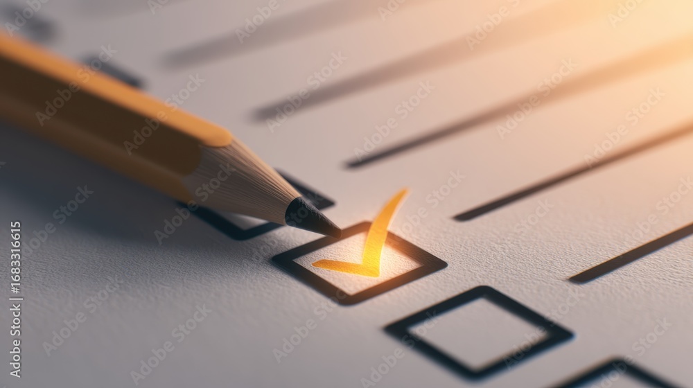Poster a checklist with glowing yellow checkmark being marked by a pencil, symbolizing progress, focus, pro