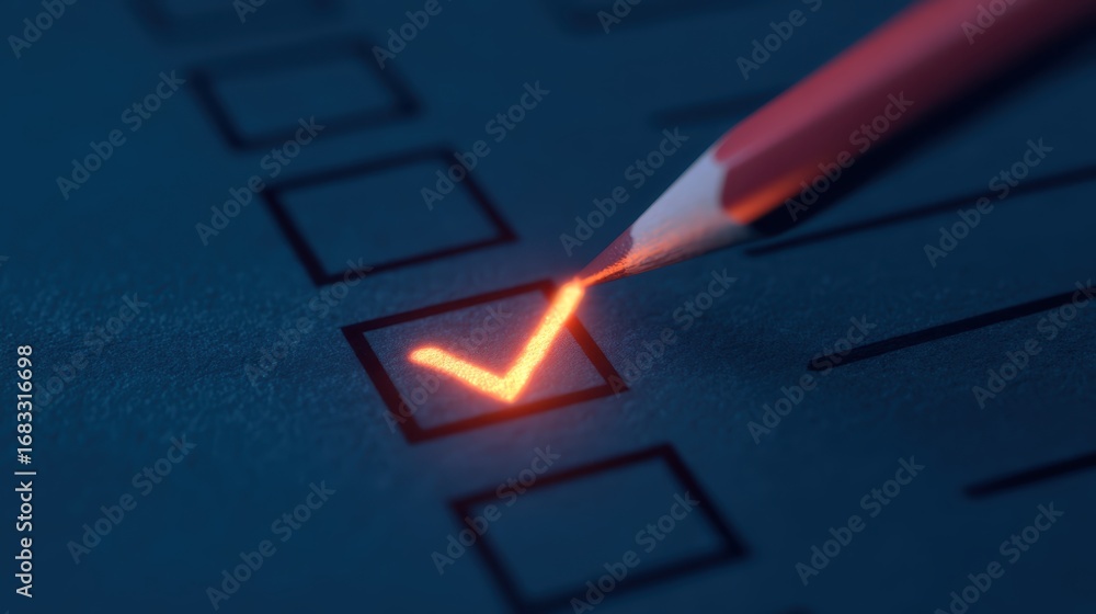 Poster pencil marks checklist with glowing checkmark on dark background, symbolizing completion and organiz