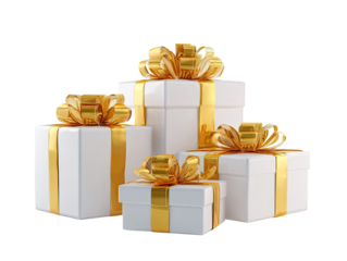 Stacked white gift boxes with gold ribbons
