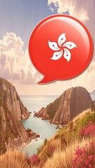 A picturesque coastal vista of Hong Kong's dramatic coastline, highlighted by a vibrant speech bubble featuring the territory's flag.