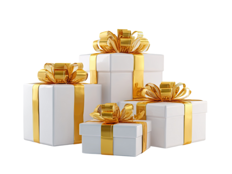 Stacked white gift boxes with gold ribbons