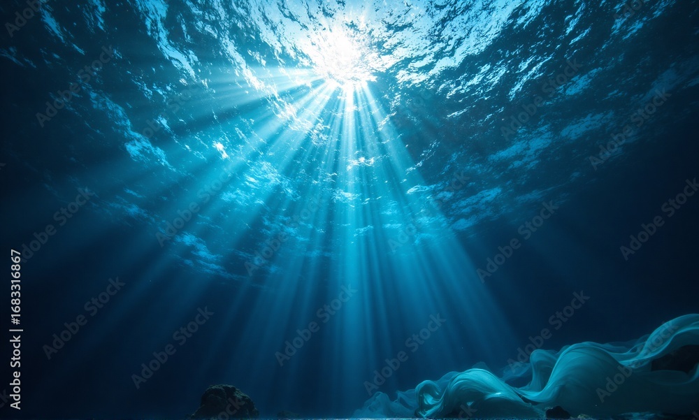 Poster sunlight streams through the ocean surface into a deep blue underwater world, creating a serene and 