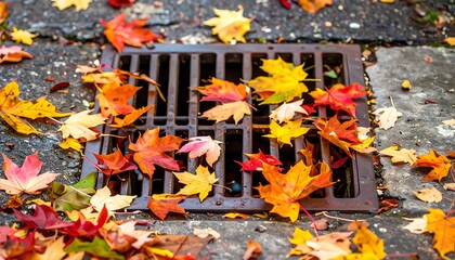 Vibrant autumn leaves cover a metal grate on a walkway, showcasing the beautiful colors of fall.