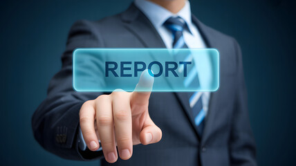 Businessman presses glowing blue button labeled REPORT on digital interface