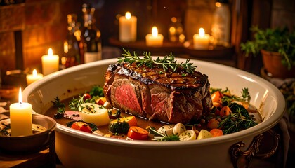 A flavorful roast beef dish, bathed in rich gravy, sits amidst a medley of roasted vegetables, illuminated by warm candlelight.