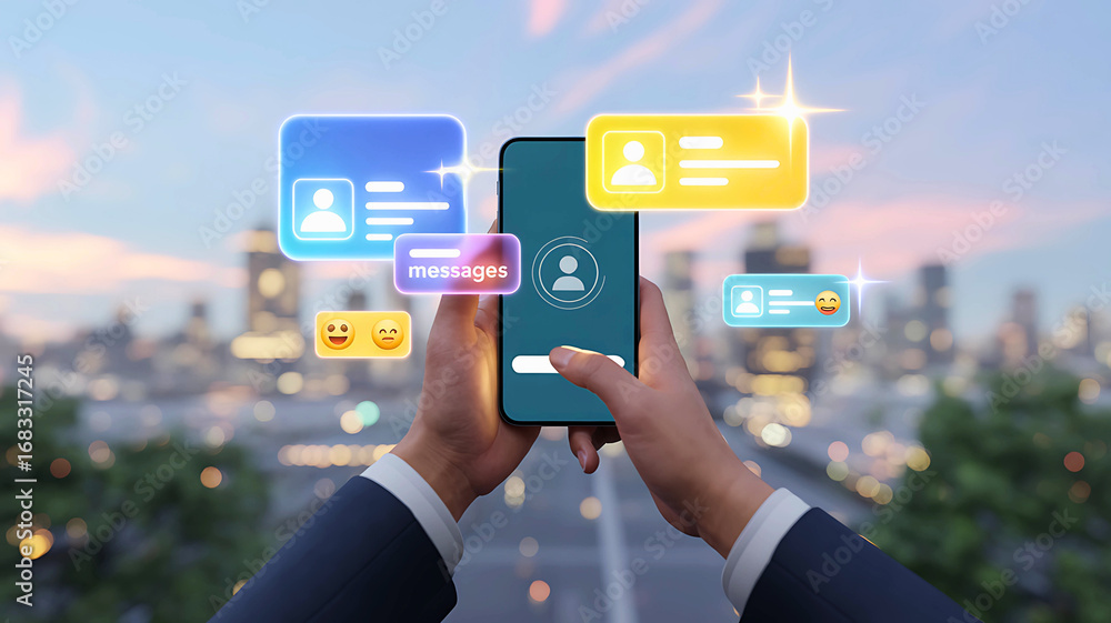 Poster a businessman's hands holding a smartphone, interacting with a futuristic social networking applicat