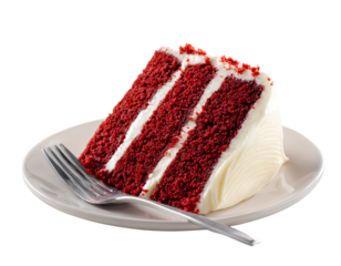 Single slice of red velvet cake on plate with fork, angled view, isolated on a transparent background, PNG