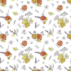 Autumn seamless pattern with small asters, lavender. immortelle, and herbs. Watercolor and pen hand-drawn illustration. Cute and simple design for fabric and wrapping paper