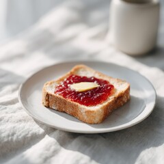 Slice of toasted bread topped with butter and strawberry jam on a white plate, placed on a textured linen tablecloth, evoking a cozy breakfast atmosphere