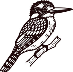 Obraz premium Hand drawn detailed kingfisher bird perched on branch vintage engraved wildlife illustration
