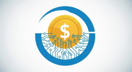 Naklejka premium A gold coin with a dollar sign inside a blue circle with circuit board lines on a white background