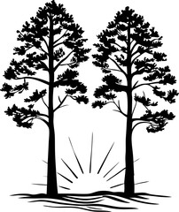 Silhouette of two tall pine trees with sun rising between them on a textured ground