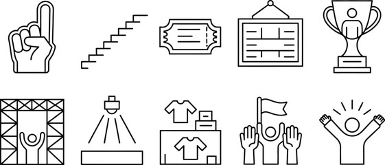 Collection of sports event icons representing victory celebration and fan engagement
