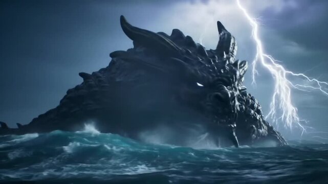 A colossal mythical dragon head island emerges from the stormy ocean as a dramatic lightning bolt strikes the dark, tumultuous sea