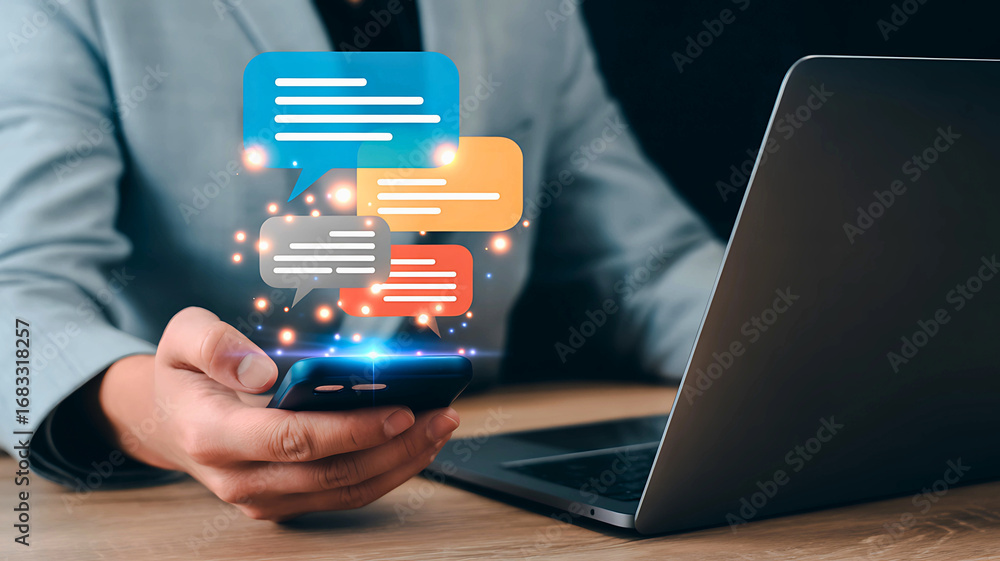 Poster businessman managing digital communication and customer support using a smartphone with floating cha
