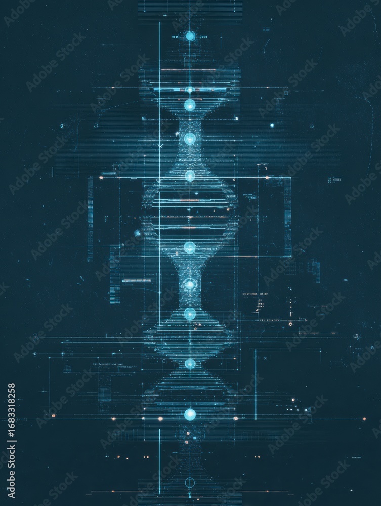 Poster a glowing dna double helix with intricate patterns and luminous nodes on a deep blue background, hig