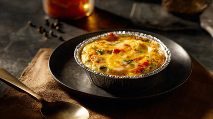 Low-angle mini casserole with colorful vegetables, cheese, and foil, styled with rustic props. Soft amber light highlights freshness and tactile richness