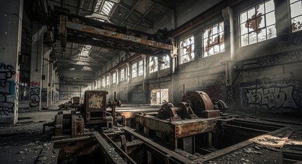 Fototapeta premium Sunlight streams through broken windows, illuminating a massive, decaying crane in a desolate, graffiti-covered abandoned industrial hall
