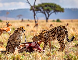 Two cheetahs feed on a kill in a vast savanna landscape.
