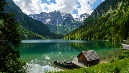 Tranquil alpine lake nestled amidst towering peaks, showcasing a tranquil wooden boathouse and a placid water surface.