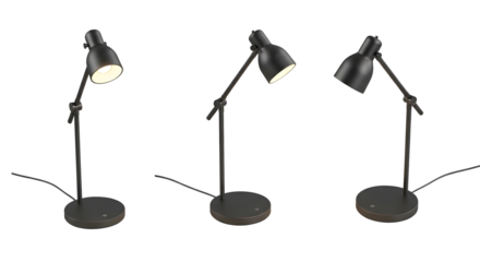 Three black desk lamps in different positions on transparent background