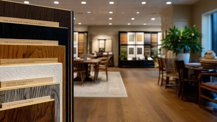 Explore exquisite hardwood flooring samples in a design studio, complemented by mood boards and lighting demonstrations.