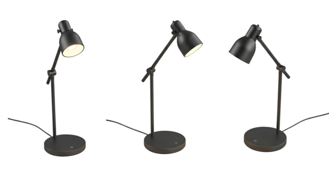 Three black desk lamps in different positions on transparent background