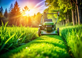 Fototapeta premium Lawn Mower Cutting Fresh Green Grass - Summer Gardening Equipment