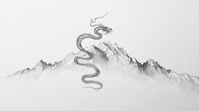 Stylized dragon winding above a jagged mountain range in shades of grayscale art