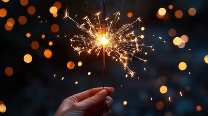 Hand Holding Sparkler on Black Background, New Year Party Copy Space
