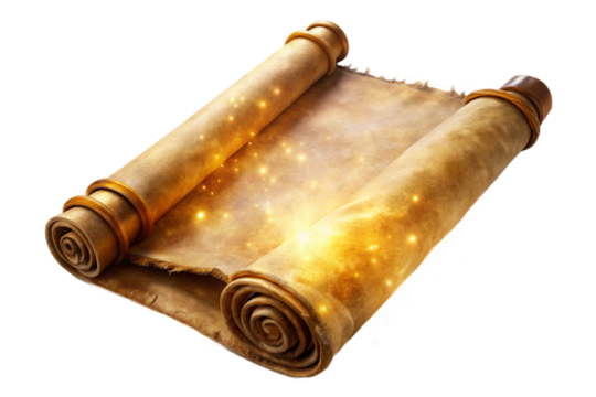 Ancient magic spell scroll with glowing enchantments isolated for fantasy games transparent background