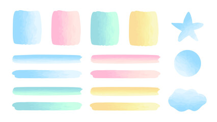 Watercolor multi-color brush strokes set isolated on white background. Spots and stripes of pastel pink, light blue, green and yellow color with paint texture, hand drawn effect. Vector illustration.