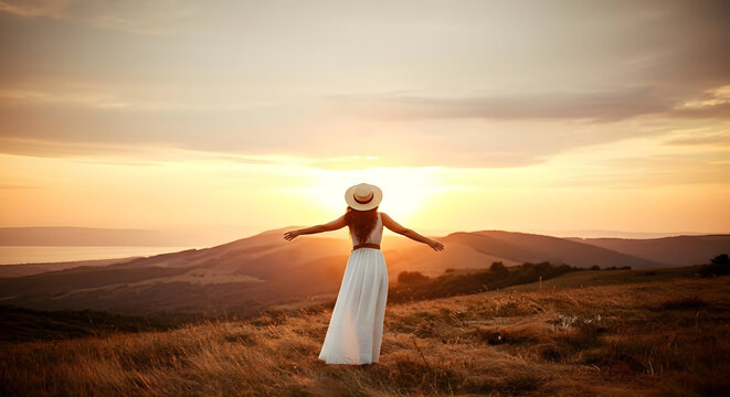 Woman Arms Outstretched in Golden Sunset Rural Meadow - Powered by Adobe