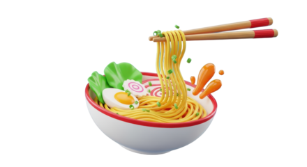 3D Rendered Bowl of Ramen Noodles with Chopsticks and Ingredients food japanese isolated on a transparent background