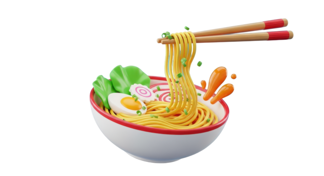 3D Rendered Bowl of Ramen Noodles with Chopsticks and Ingredients food japanese isolated on a transparent background