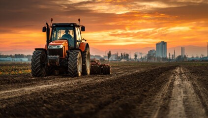 Obraz premium A tractor working a field at sunset