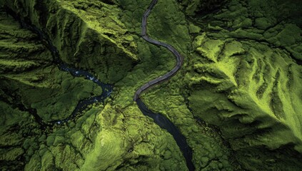 Obraz premium Aerial view of winding road through lush green Icelandic landscape