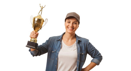 Celebrating Trophy Trophy. with Smiling Woman Victory Golden person adult female happy woman