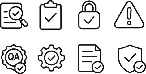Collection of modern outline icons representing quality assurance and security concepts
