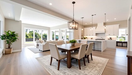 A spacious open-plan kitchen and dining area with large windows overlooking a garden