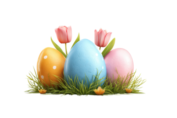 3d illustration icon of easter eggs with tulips and grass